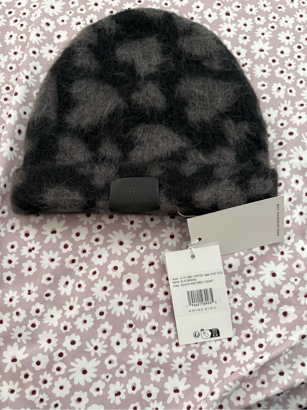 NWT Anine Bing Gray and Black Heart Fuzzy Elia Beanie